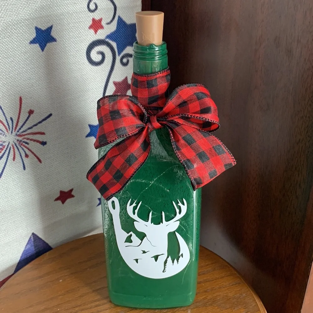 Hand Crafted Painted Green Bottle Lantern with Fish hook, Deer Design